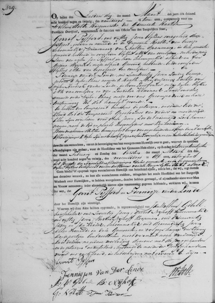 1829.03.06 Huwelijk 1 van Fennigje van der Linde – A