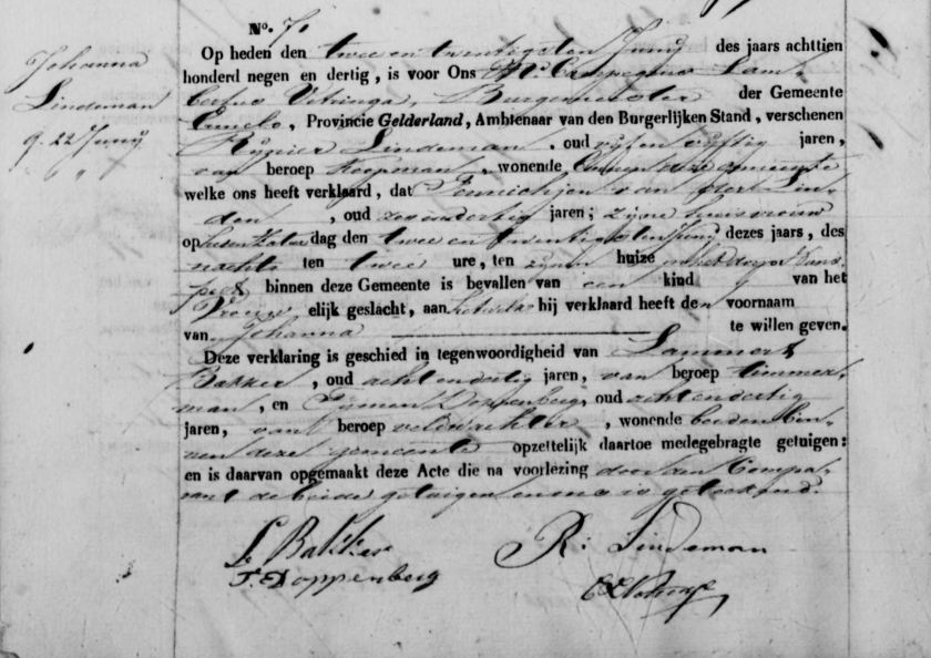 1839.06.22 BS Nunspeet Geboorte Johanna Lindeman – A